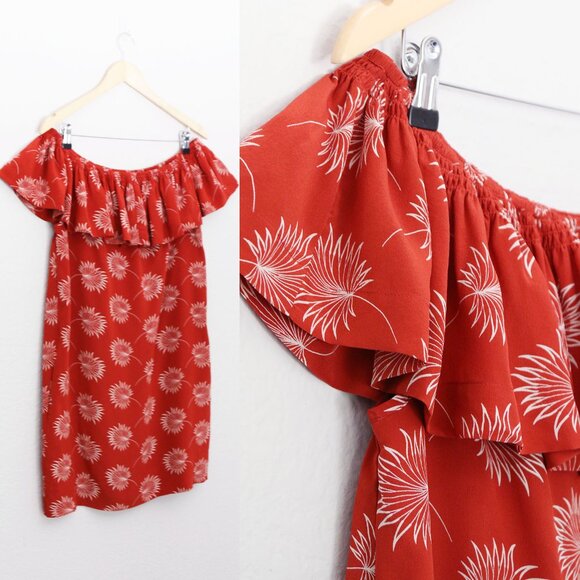 Madewell 100% Silk Palmflower Off The Shoulder Ruffle Mini Dress M $150 Rust - Picture 5 of 16